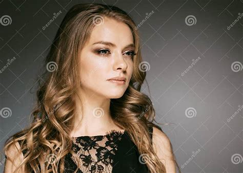Woman In Black Dress With Long Blonde Hair Stock Image Image Of