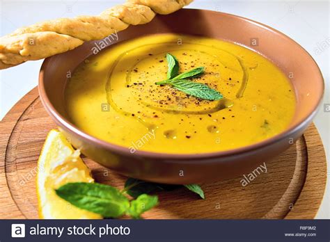 Turkish Traditional Lentil Cream Soup With Mint Lemon And Homemade