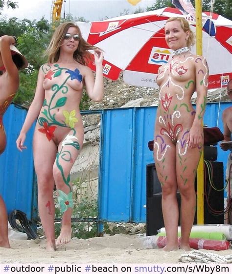 Outdoor Public Beach Nude Nudebeach Amateur Bodypaint Sunglasses Smile Smiling