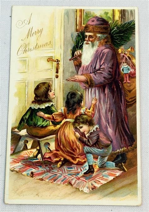 Lot Antique 1907 Santa Claus In Purple Suit Carrying A Toy Sack And