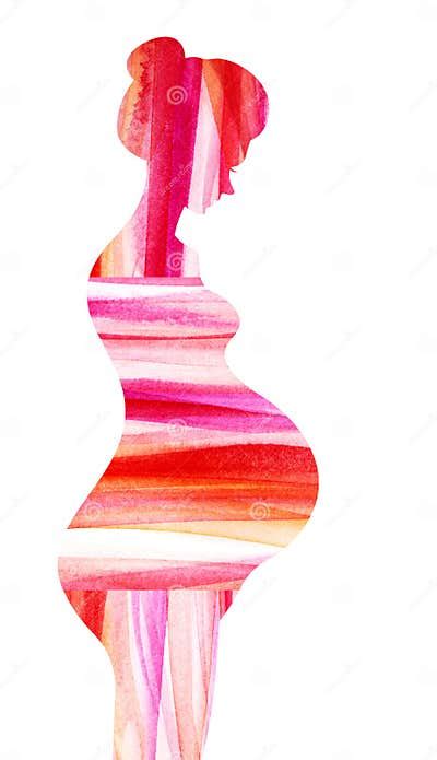 Watercolor Colorful Striped Silhouette Of Naked Pregnant Woman Against White Background Profile