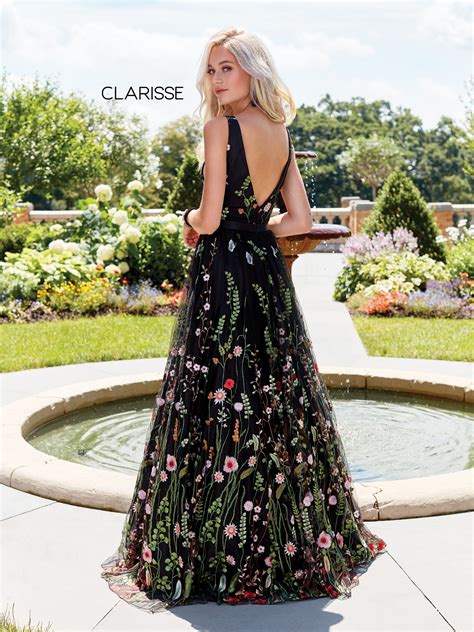 3565 Black Embroidered Prom Ball Gown With An Open Back Floral Prom