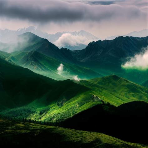 Premium Photo Green Mountain Range Landscape Of Misty Mountains