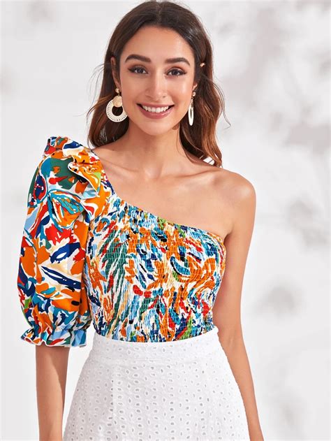 Print Shirred Ruffle One Shoulder Top Chicgirlie Shoulder Tops Outfit Top Outfits Boho Tops