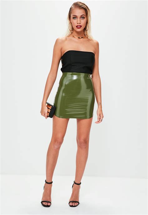 Missguided Khaki Vinyl Curve Hem Mini Skirt In Green Lyst