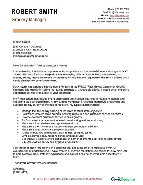 Grocery Manager Cover Letter Examples Qwikresume