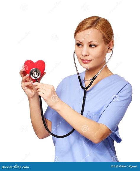 Nurse With Stethoscope Examining Red Heart Stock Photo Image Of