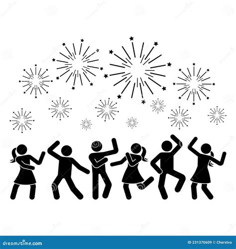 Happy Stick Figure Man And Woman Dancing Hands Up Night Club Fireworks