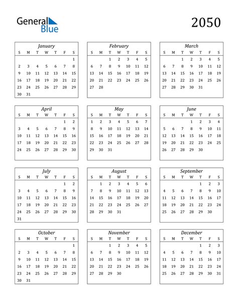 2050 Calendar Pdf Word Excel