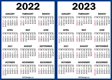 2022 2023 Two Year Calendar Printable Free Blue