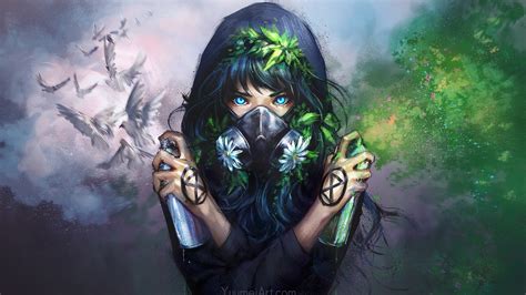 Download 1920x1080 Anime Girl Riot Hoodie Mask Anonymous Paint