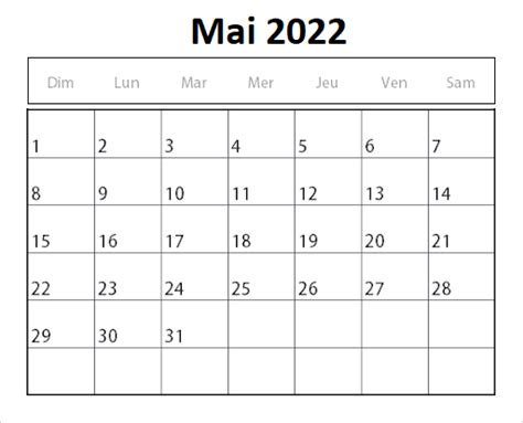 Imprimables Mai 2022 Calendrier Modèles Pdfwordexcel