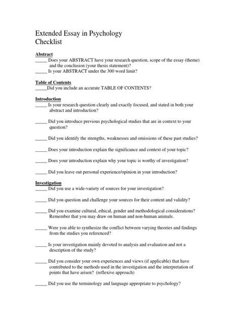 Extended Essay In Psychology Checklist Pdf Abstract Summary Essays