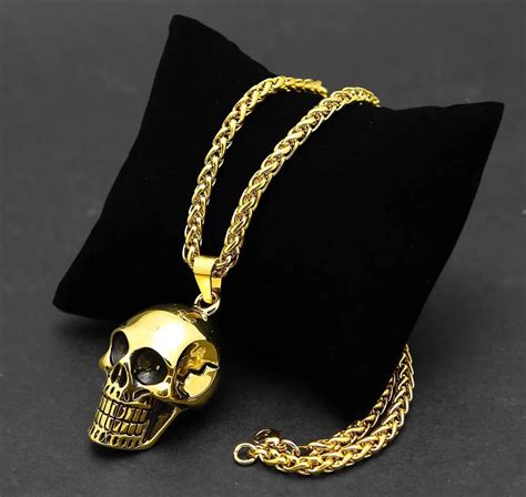 Mens Gold 316l Stainless Steel Skull Head Pendant Necklace Biker Punk