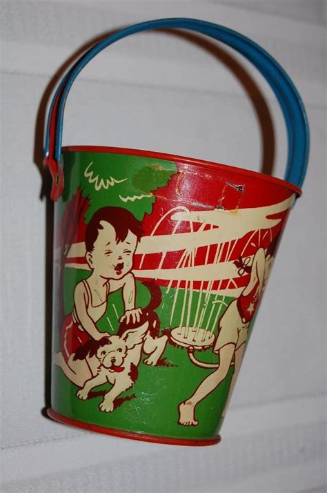 Vintage 1940s Tin Lithographed Metal Toy Sand Bucket Vintage Kids