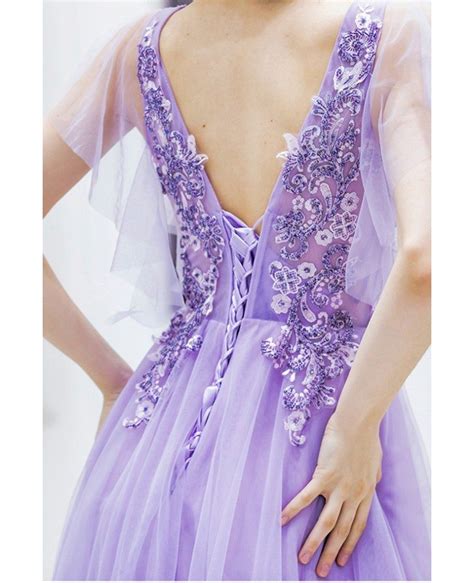 pretty purple long tulle prom dress vneck with tulle sleeves beadings wholesale t78013