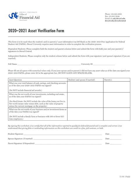 Drexel University Asset Verification Form 2019 2021 Fill And Sign