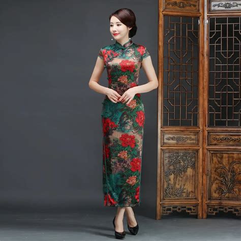 Shanghai Story Long Qipao Faux Silk Cheongsam Folk Style Dress Chinese Traditional Dress Floral