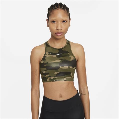 nike dri fit swoosh women s support 1 piece pad high neck sports bra khaki camo