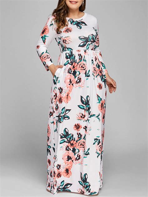 17 Off 2020 Plus Size Floral Long Sleeve Maxi Dress In White Dresslily