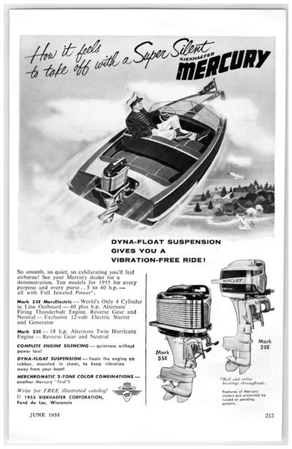 1955 Print Ad Super Silent Kiekhaefer Mercury Outboard Motor Mark 25e