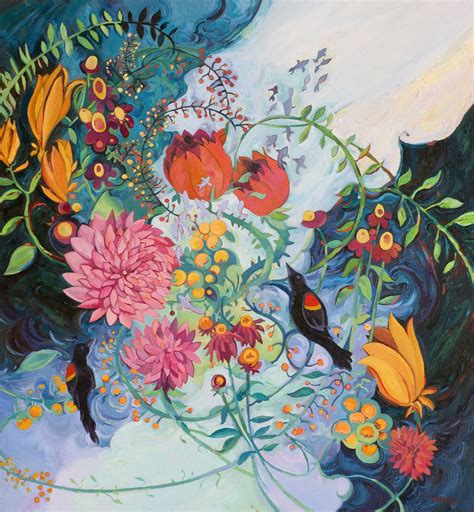 An Oil Painting Of Flowers And Birds On A Blue Background With White
