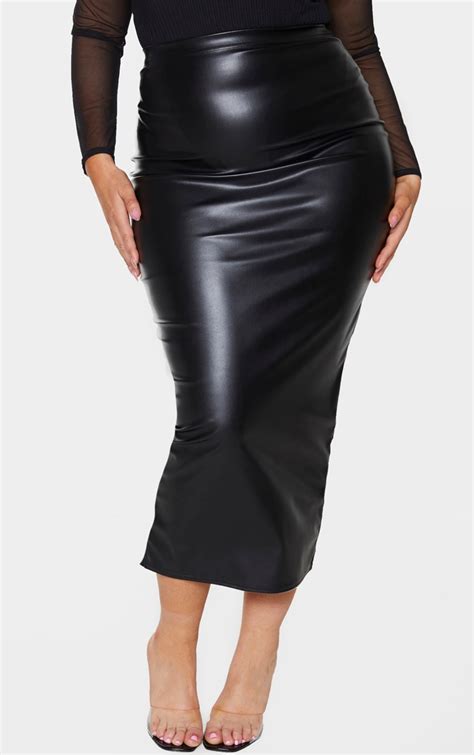 Plus Black Pu Split Back Midaxi Skirt Prettylittlething Usa