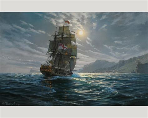 Night Ship Painting By Alexander Shenderov Ocean Painting Sail Etsy