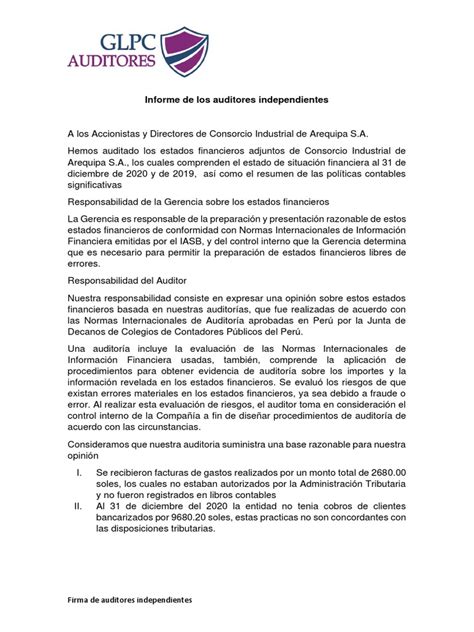 Informe Y Carta De Control Interno De Los Auditores Independientes