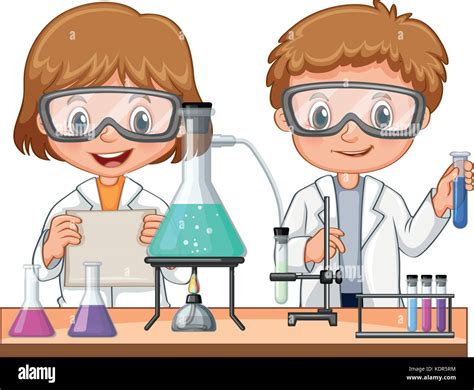 Two Kids Doing Science Experiment In Class Illustration Stock Vector