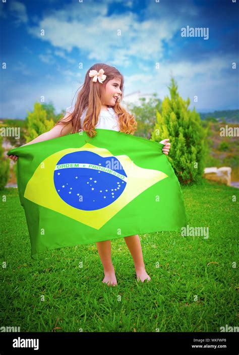 Brazilian Football Team Fan Attractive Little Girl Holding In Hands
