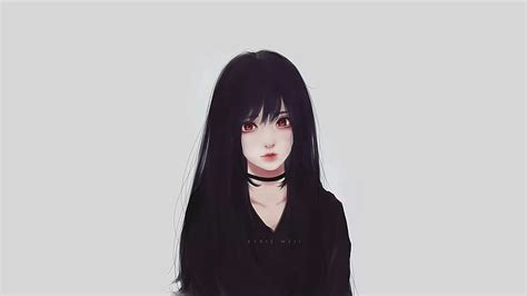 Hd Wallpaper Realistic Anime Girl Black Hair Red Eyes Portrait