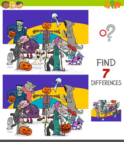 Find Differences Game With Halloween Characters Stock Vector