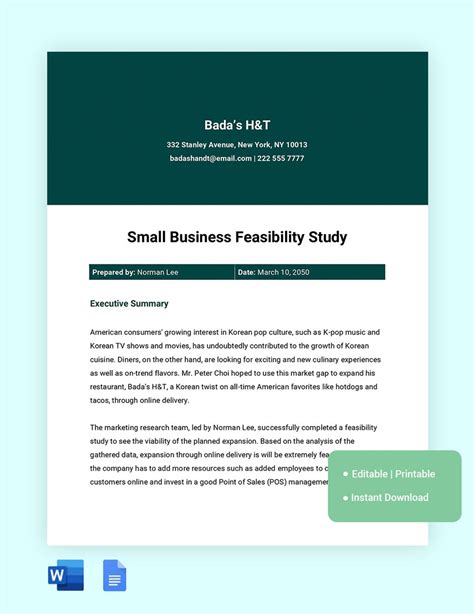 Small Business Feasibility Study Format Printable Templates