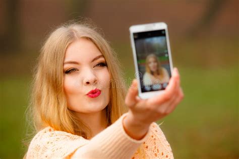 Girl Taking Self Picture With Phone Outdoors Stock Image Image Of Relax Glad 59850997