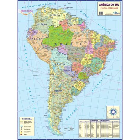 Mapa Da AmÉrica Do Sul PolÍtico E Rodoviario Gigante Largura 89 Cm X Altura 117 Cm Tem De