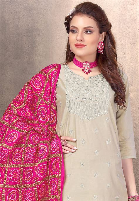Embroidered Chanderi Silk Pakistani Suit In Light Fawn Kff441