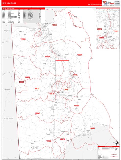 Kent County De Zip Code Wall Map Red Line Style By Marketmaps Mapsales