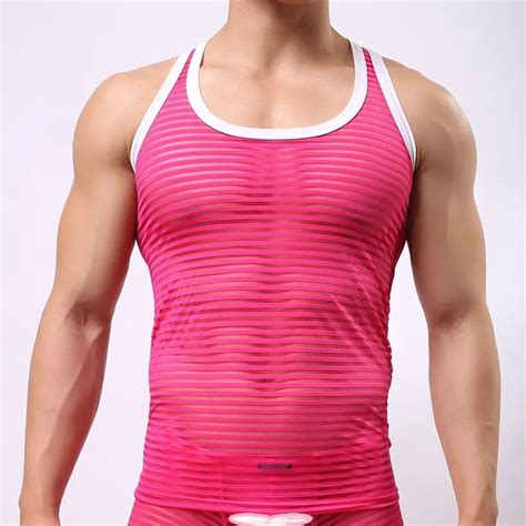 Man Mesh Striped Transparent Men Sexy Fitness Tank Tops Gay Singlets
