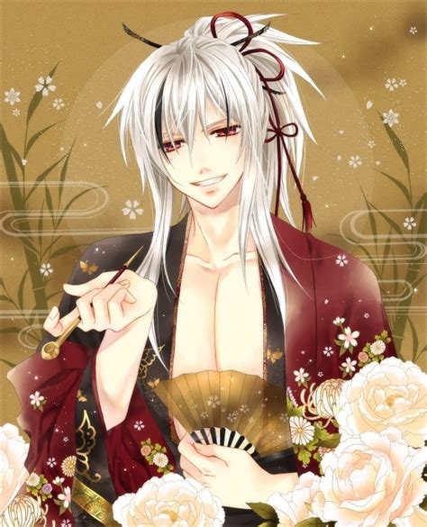 The image and text are flipped on the reverse side, and the charm is glittery. White haired hotty in Kimono - Anime Boys Picture (226137)
