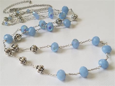 Dusty Blue Long Necklace Light Blue Silver Necklace Pastel Etsy In