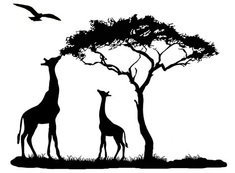 African Giraffe Mama And Baby Tree And An Eagle Overhead In Black Silk