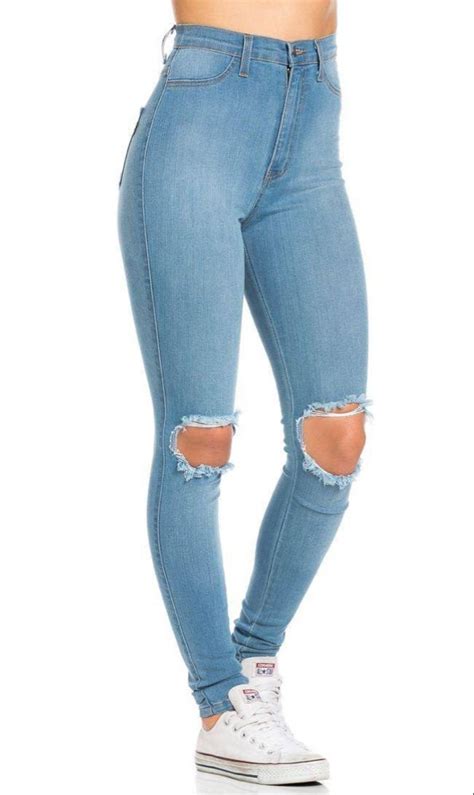 ripped knee super high waisted skinny jeans in light blue plus sizes available soho girl