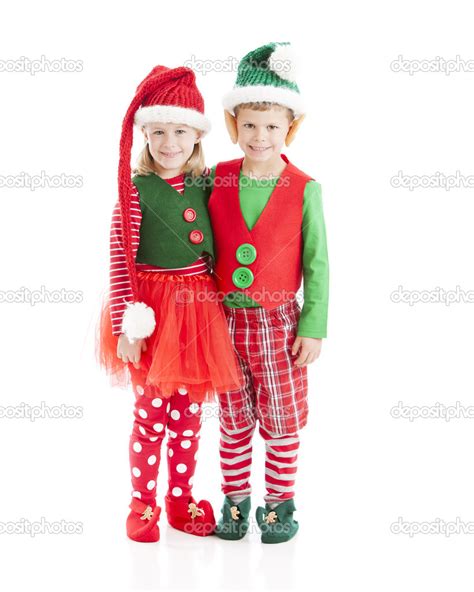 Two Little Christmas Elves Brother And Sister Twins Stock Photo By