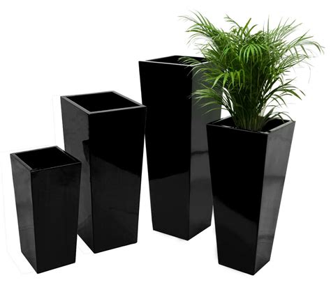 Potted orange and red petunias: Tall Flared Square Fibreglass Planter Gloss Black Plant ...