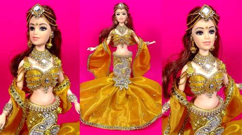 Barbie In Designer Gold Bridal Lehenga Decorate A Doll With Indian Heavy Bridal Lehenga