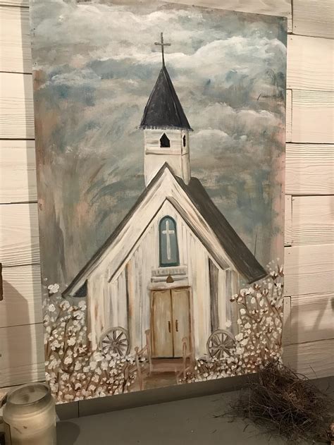 Cotton Field Church Painting 24x36 Farmhouse Decor Large Etsy