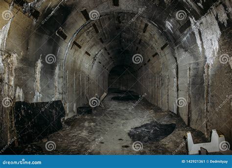 Long Underground Tunnel Or Corridor In Abandoned Soviet Military Bunker