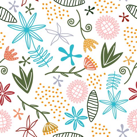 Seamless Repeat Pattern With Flowers And Leaves Scandinavian Childish