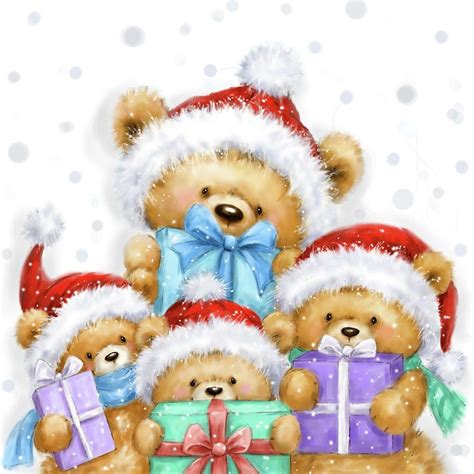 Animal Mixed Media Bears With Presents By Makiko Christmas Bear